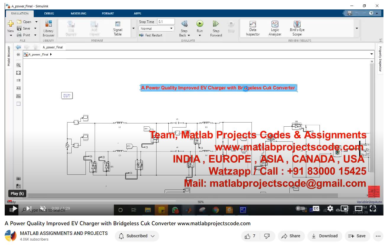A Power Quality Improved Ev Charger With Bridgeless Cuk Converter-Matlab Simulink-Electrical Assignments-Projects-Phd Research project thumbnail image