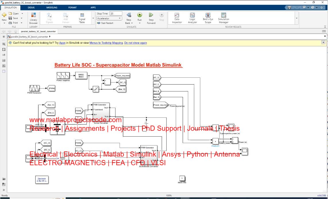 Battery Life Soc - Supercapacitor Model Matlab Simulink project simulation thumbnail for Renewable Energy Engineering