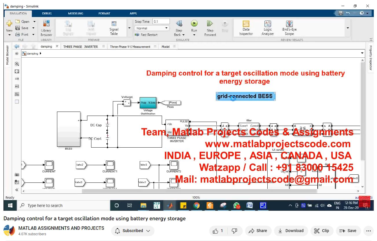 Damping Control For A Target Oscillation Mode Using Battery Energy Storage-Matlab Simulink-Electrical Assignments-Projects-Phd Research project thumbnail image
