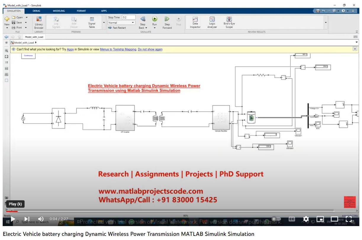 Electric Vehicle Battery Charging Dynamic Wireless Power Transmission Using Matlab Simulink Simulation project thumbnail image