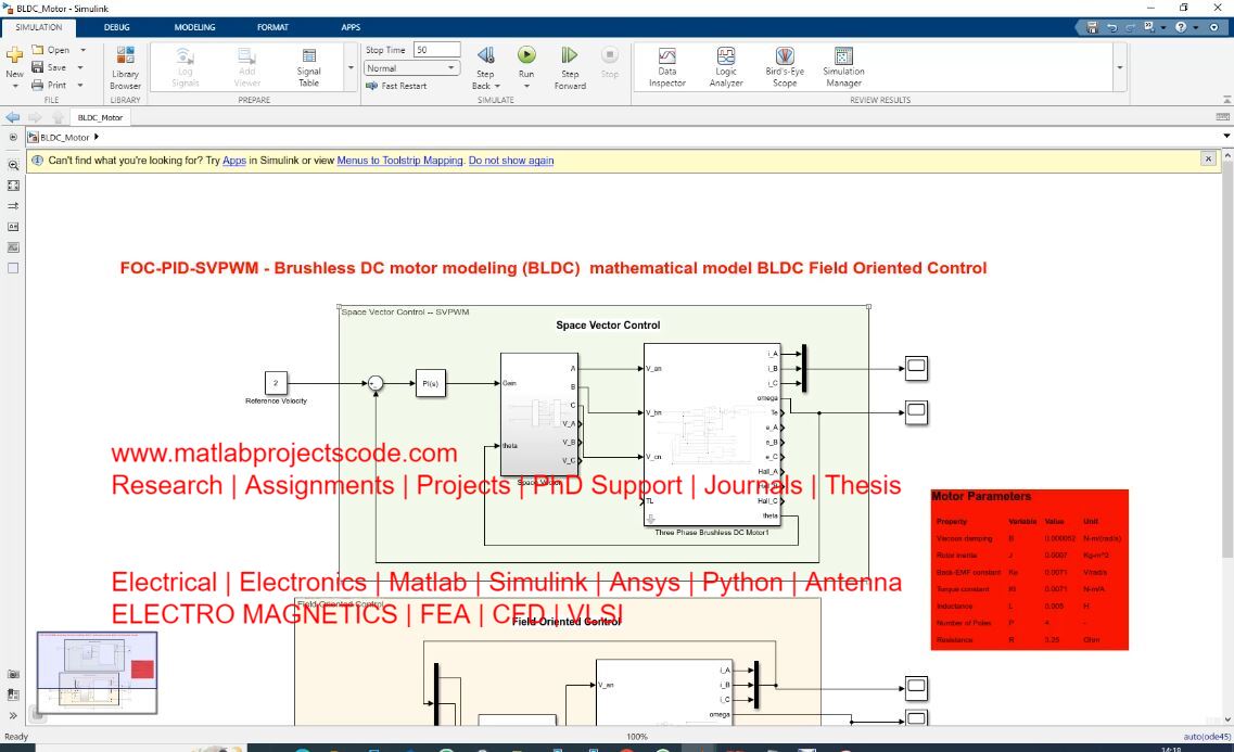 Foc-Pid-Svpwm - Brushless Dc Motor Modeling Bldc Mathematical Model Bldc Field Oriented Control project simulation thumbnail for Mechanical, EV and Mechatronics Engineering