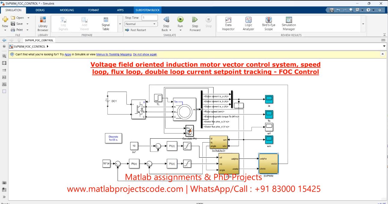 Flux Oriented Control - Voltage Field Oriented Induction Motor Vector Control System Speed Loop Flux Loop Double Loop Current Setpoint Tracking project simulation thumbnail for Mechanical, EV and Mechatronics Engineering