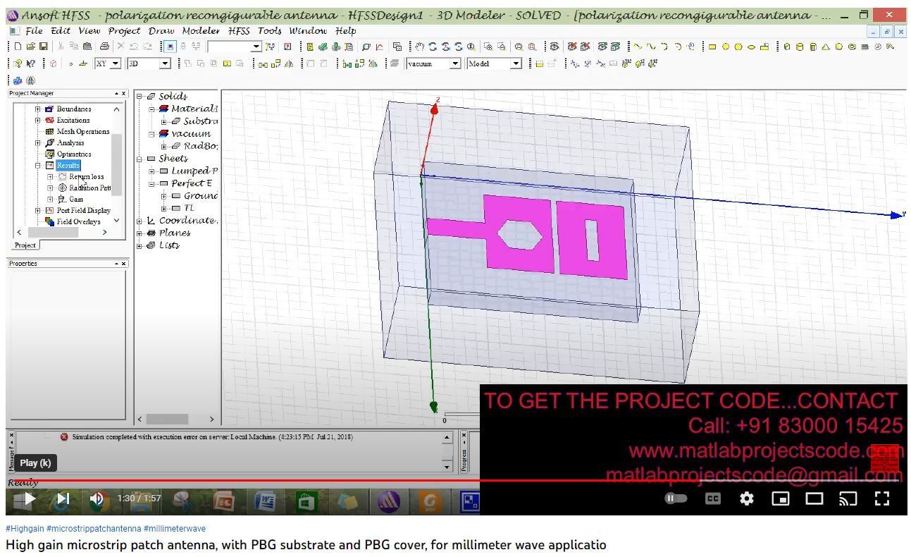 High Gain Microstrip Patch Antenna, with PBG Substrate and PBG Cover, for Millimeter Wave Applicatio project simulation thumbnail for Electromagnetics and RF Engineering