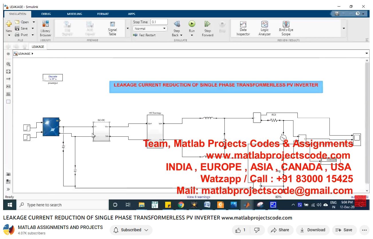 Leakage Current Reduction Of Single Phase Transformerless Pv Inverter-Matlab Simulink-Electrical Assignments-Projects-Phd Research project simulation thumbnail for Renewable Energy Engineering