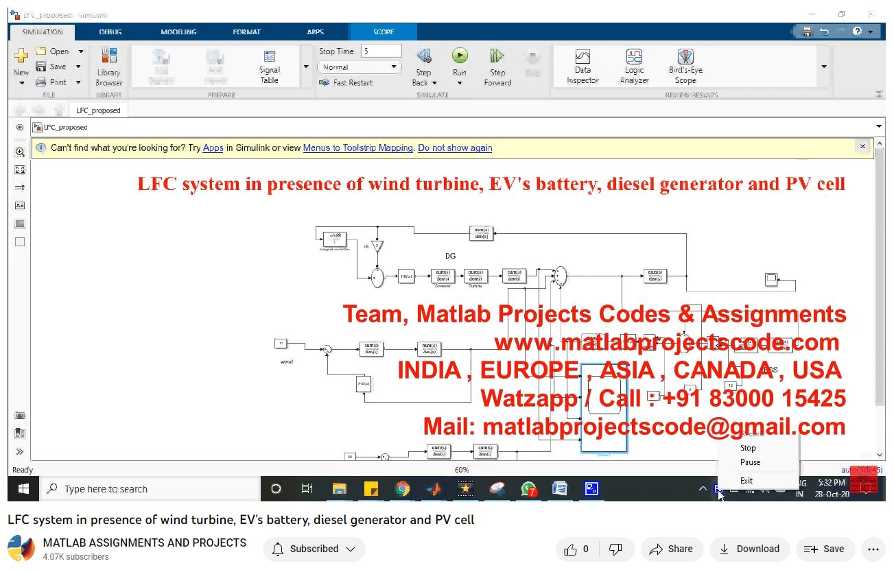 Lfc System In Presence Of Wind Turbine Ev S Battery Diesel Generator And Pv Cell-Matlab Simulink-Electrical Assignments-Projects-Phd Research project thumbnail image