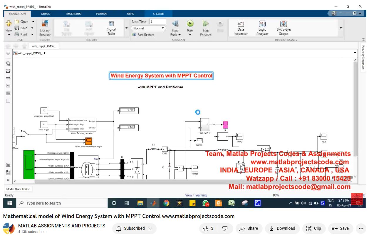 Mathematical Model Of Wind Energy System With Mppt Control project simulation thumbnail for Renewable Energy Engineering