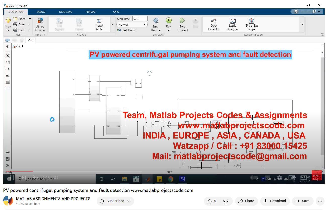Pv Powered Centrifugal Pumping System And Fault Detection-Matlab Simulink-Electrical Assignments-Projects-Phd Research project simulation thumbnail for Renewable Energy Engineering
