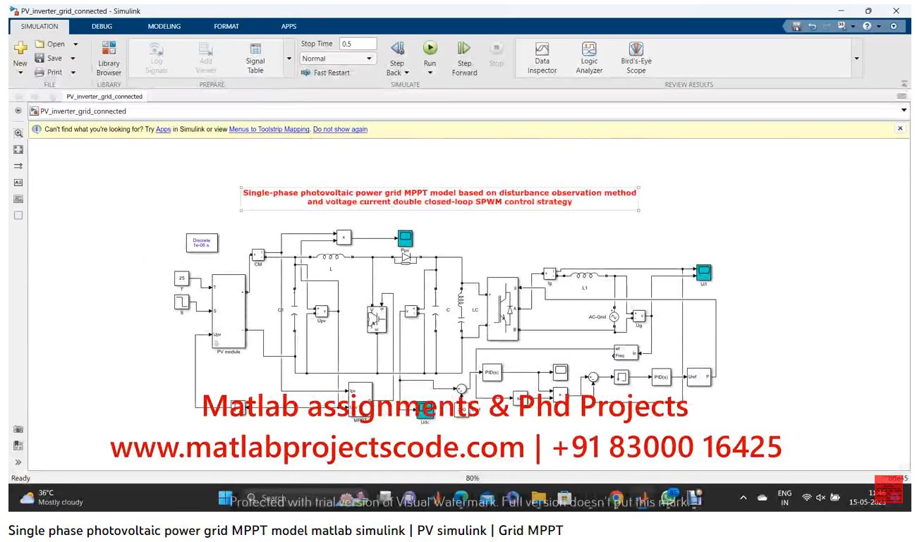 Single Phase Photovoltaic Power Grid Mppt Model Matlab Simulink Simulation project simulation thumbnail for Renewable Energy Engineering
