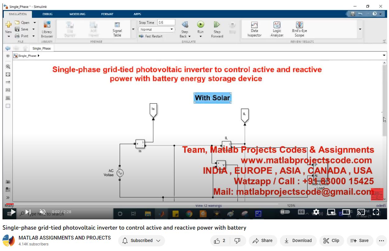Single-Phase Grid-Tied Photovoltaic Inverter To Control Active And Reactive Power With Battery project simulation thumbnail for Renewable Energy Engineering
