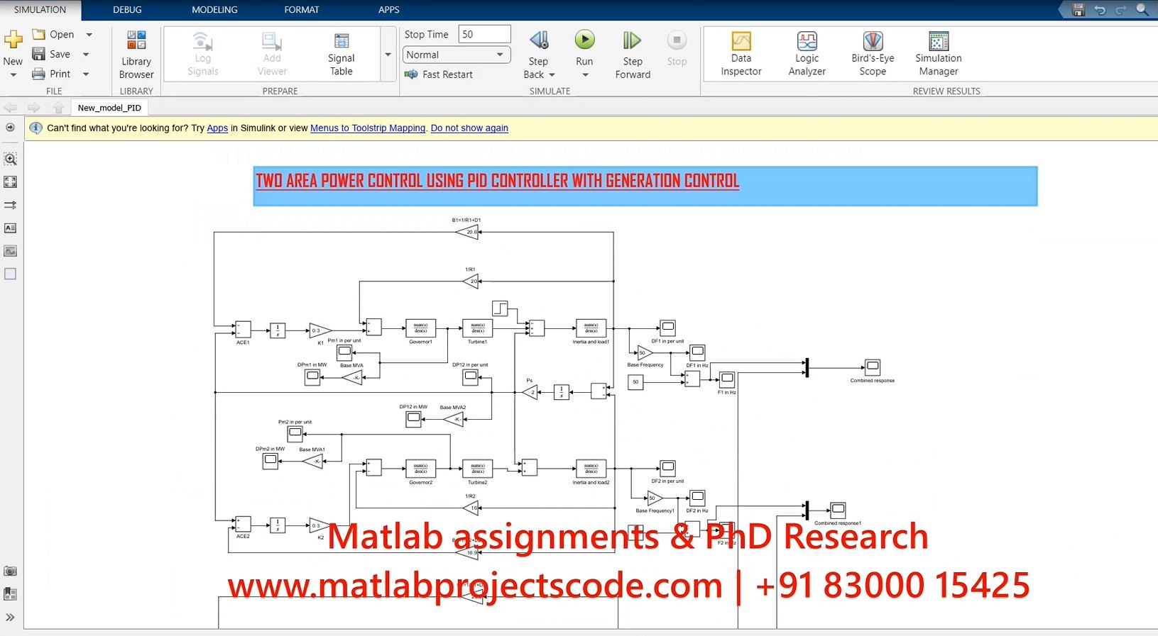 Two Area Power Control Using Pid Controller With Generation Control - Matlab Simulink Electrical Simulation project thumbnail image