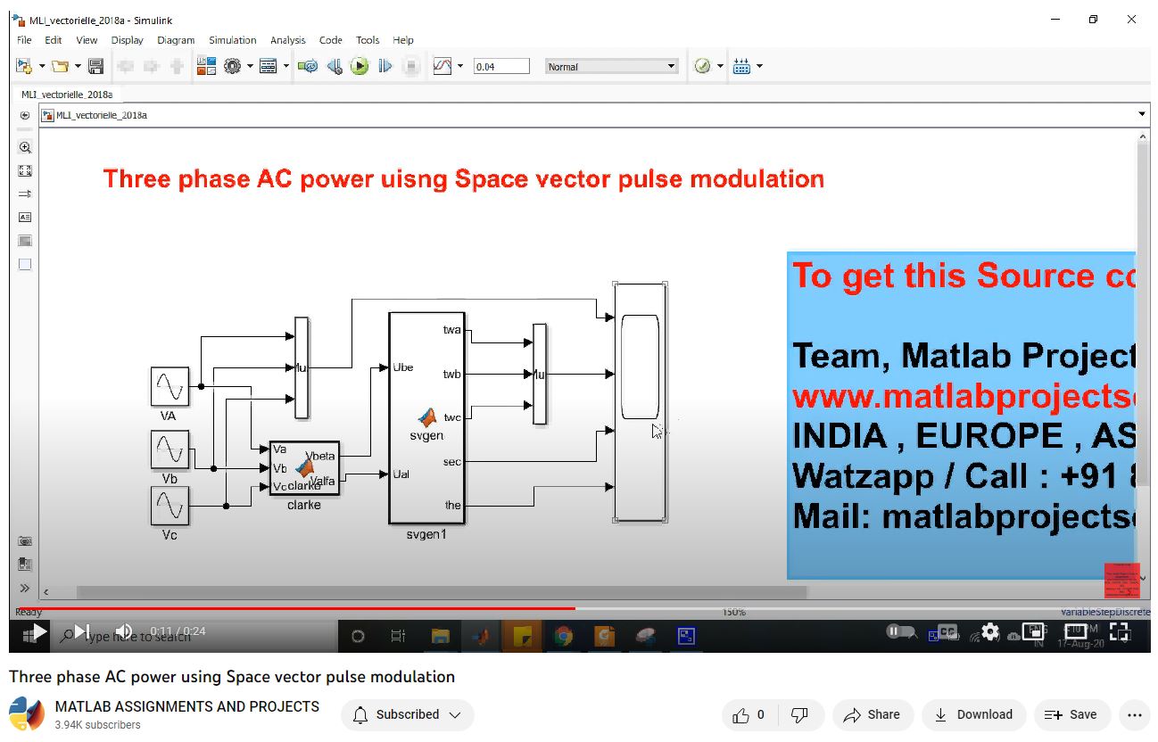Three Phase Ac Power Using Space Vector Pulse Modulation project simulation thumbnail for Renewable Energy Engineering